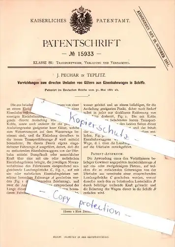 Original Patent - J. Pechar in Teplitz , 1881 , Umladen von Gütern aus Eisenbahnwagen  !!!