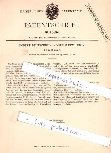 Original Patent - Robert Deutschbein in Neuhaldensleben , 1881 , Vogelbauer , Haldensleben !!!