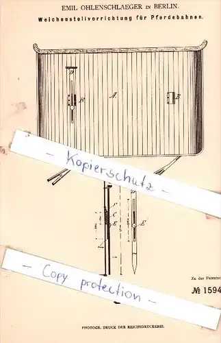 Original Patent - Emil Ohlenschlaeger in Berlin , 1881 , Weichenstellvorrichtung für Pferdebahnen !!!