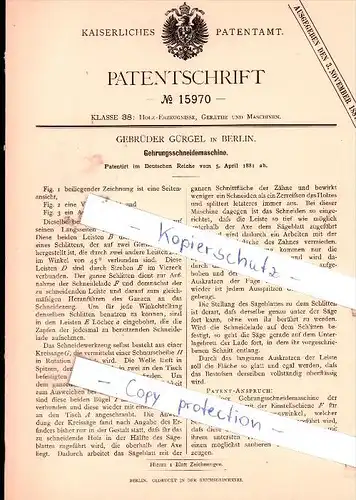 Original Patent - Gebrüder Gürgel in Berlin , 1881 , Gehrungsschneidemaschine !!!