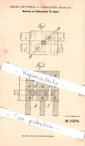 Original Patent - J. Fildtoedt in Christania , Norwegen , 1881 ,  Pfeifenstöcke für Orgeln !!!