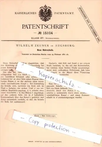 Original Patent - Wilhelm Zeuner in Augsburg , 1881 , Neue Rohrschelle !!!