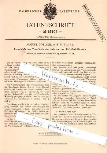 Original Patent - August Goelkel in Stuttgart , 1881 , Hochbauwesen !!!