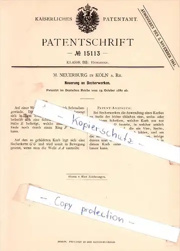 Original Patent - M. Neuerburg in Köln a. Rh. , 1880 , Neuerung an Becherwerken !!!