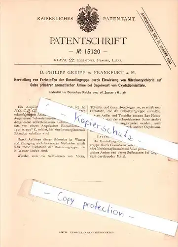Original Patent - D. Philipp Greiff in Frankfurt a. M. , 1881 , Herstellung von Farbstoffen !!!