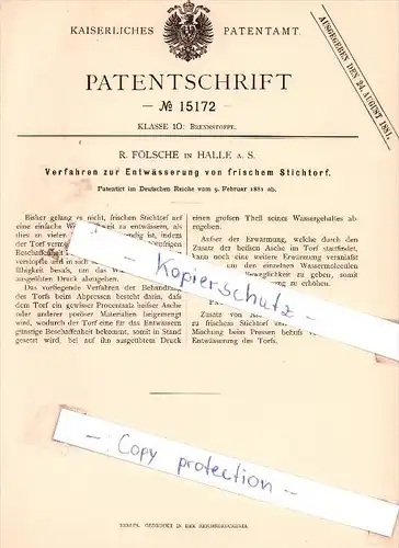Original Patent - R. Fölsche in Halle a. S. , 1881 , Verfahren zur Entwässerung von Stichtorf !!!