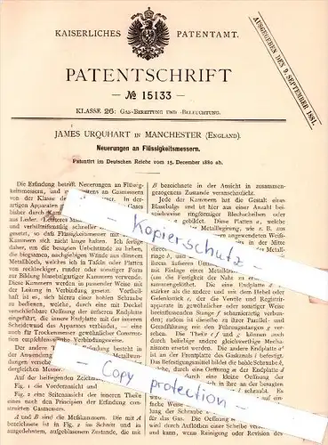 Original Patent - J. Urquhart in Manchester , England , 1880 , Neuerungen an Flüssigkeitsmessern !!!