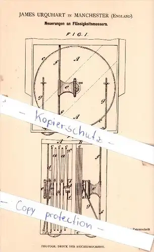 Original Patent - J. Urquhart in Manchester , England , 1880 , Neuerungen an Flüssigkeitsmessern !!!