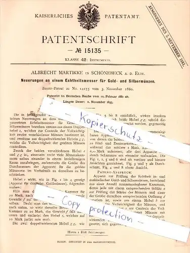 Original Patent - A. Martikke in Schönebeck a. d. Elbe , 1881 , Echtheitsmesser für Gold- und Silbermünzen !!!