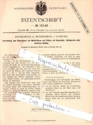 Original Patent - Baumgarten & Mensendieck in Hamburg , 1880 ,  Überziehen von Metallröhren !!!