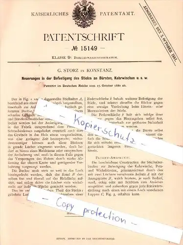 Original Patent - G. Storz in Konstanz , 1880 , Befestigung des Stieles an Bürsten !!!