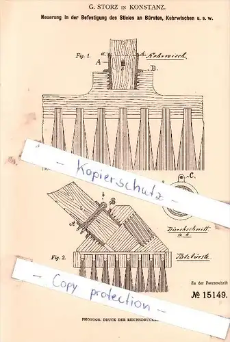 Original Patent - G. Storz in Konstanz , 1880 , Befestigung des Stieles an Bürsten !!!