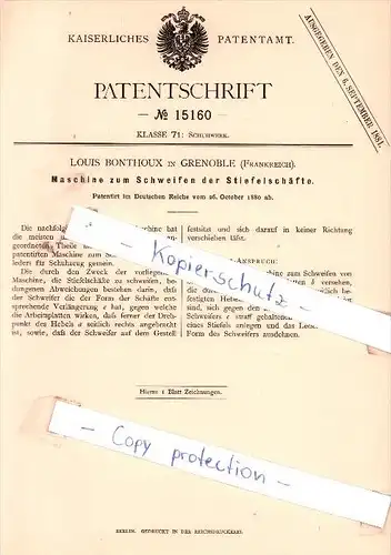 Original Patent - Louis Bonthoux in Grenoble , Frankreich , 1880 , Schweißen der Stiefelschäfte !!!