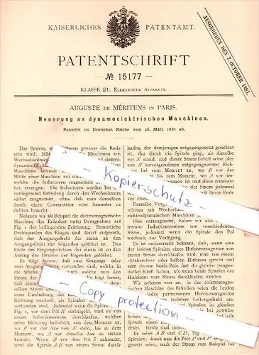 Original Patent - Auguste de Meritens in Paris , 1880 ,  Neuerung an dynamoelektrischen Maschinen !!!
