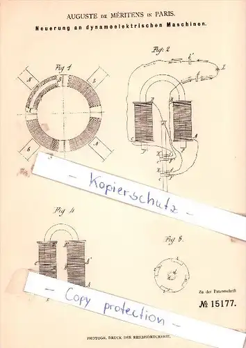 Original Patent - Auguste de Meritens in Paris , 1880 ,  Neuerung an dynamoelektrischen Maschinen !!!