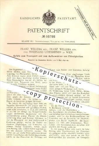 original Patent - Franz Welleba Sen. , Franz Welleba Jun. , F. Uffenheimer in Wien , 1890 , Gefäß für Flüssigkeiten !!!