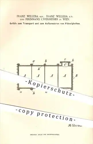 original Patent - Franz Welleba Sen. , Franz Welleba Jun. , F. Uffenheimer in Wien , 1890 , Gefäß für Flüssigkeiten !!!