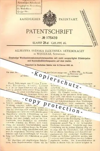 original Patent - Allmänna Svenska Elektriska Aktiebolaget in Westeras , Schweden , 1905 , Wechselstrom , Motor , Strom