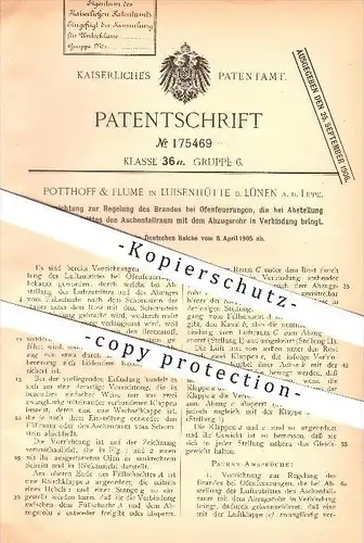 original Patent - Potthoff & Flume in Luisenhütte b. Lünen a. d. Lippe , 1905 , Brand bei Ofenfeuerung , Ofen , Heizung