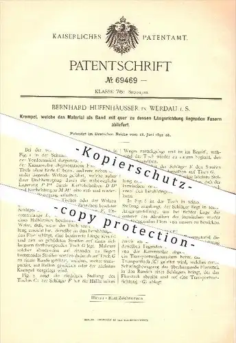 original Patent - Bernhard Hufenhäusser in Werdau i. S. , 1892 , Krempel , Spinnen , Spinnerei !!!