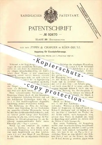 original Patent - van der Zypen & Charlier in Köln-Deutz , 1896 , Kupplung für Eisenbahnen , Eisenbahn , Lokomotive !!