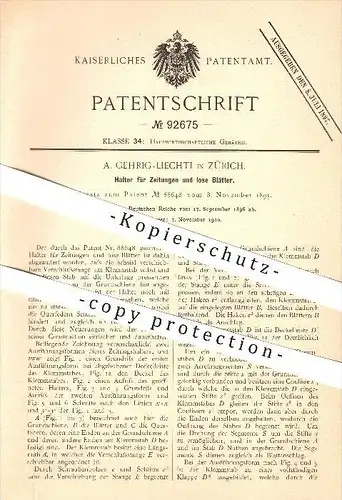 original Patent - A. Gehrig-Liechti in Zürich , 1896 , Halter für Zeitungen und lose Blätter , Haushalt , Hauswirtschaft