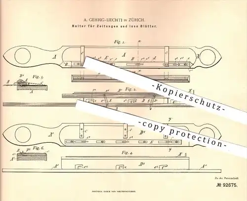 original Patent - A. Gehrig-Liechti in Zürich , 1896 , Halter für Zeitungen und lose Blätter , Haushalt , Hauswirtschaft