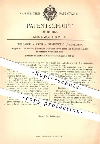 original Patent - Friedrich Kirsch in Gemünden , Unterfranken , 1905 , Doppelroststab aus Einzelstäben , Metall !!!