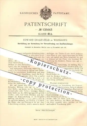 original Patent - E. Drakenfeld in Wiesbaden , 1901 , Vorrichtung zu Vermeidung der Verwechselung von Kopfbedeckungen !!