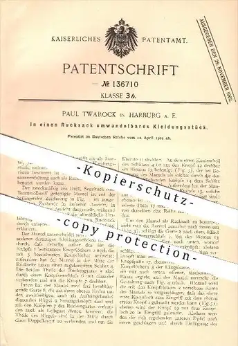 original Patent - Paul Twarock in Harburg , 1902 , In einen Rucksack umwandelbares Kleidungsstück , Mode !!!