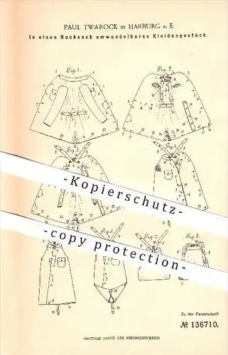original Patent - Paul Twarock in Harburg , 1902 , In einen Rucksack umwandelbares Kleidungsstück , Mode !!!