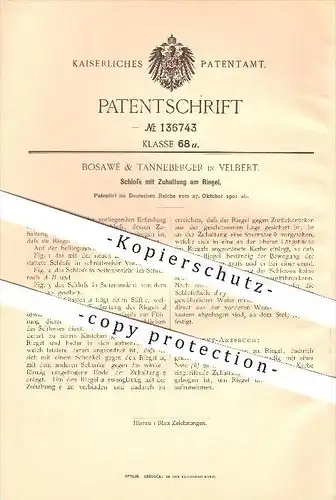 original Patent - Bosawé & Tanneberger in Velbert , 1901 , Schloss mit Zuhaltung am Riegel , Schlosser , Tür !!!