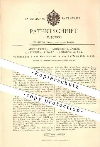 original Patent - A. Faber in Paulsdorf & F. Poralla in Zabrze , 1899 , Wecker mit Kaffemühle , Hindenburg O.S. !!!