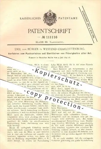 original Patent - Emil von Bühler in Westend-Charlottenburg , 1899 , Pasteurisieren u. Sterilisieren , Berlin !!!
