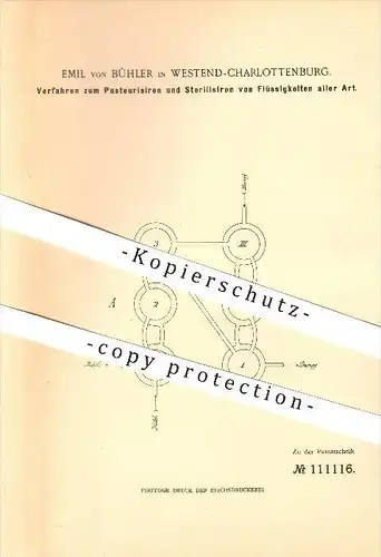 original Patent - Emil von Bühler in Westend-Charlottenburg , 1899 , Pasteurisieren u. Sterilisieren , Berlin !!!