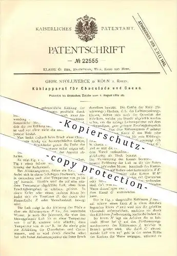 original Patent - Gebr. Stollwerck in Köln , 1882 , Kühlapparat für Schokolade und Kakao !!!