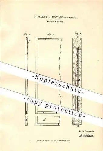 original Patent - H. Mader in Isny , 1882 , Wechselkassette , Fotografie , Fotograf , Kamera !!!