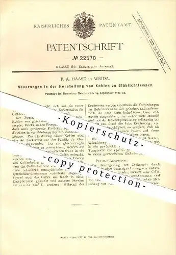 original Patent - F. A. Haase in Weida b. Greiz , 1882 , Neuerungen in der Herstellung von Kohlen zu Glühlichtlampen !!!