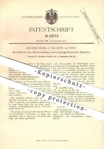 original Patent - Eduard Musil in Neusiedl bei Wien , 1882 , Verfahren zur Herstellung von gelbgefasertem Papier !!!