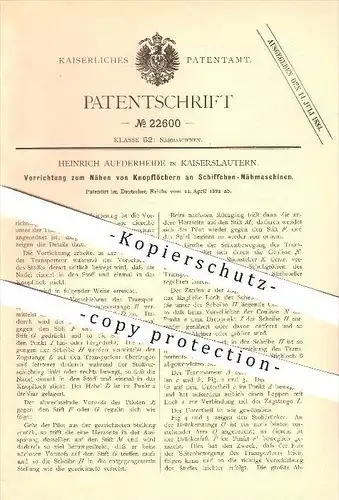 original Patent -   Heinrich Aufderheide in Kaiserslautern , 1882 , Vorrichtung an Schiffchen Nähmaschinen !!!
