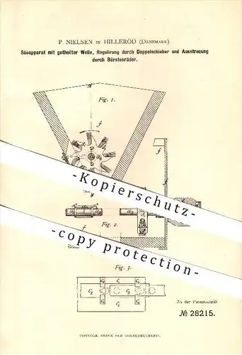 original Patent - P. Nielsen in Hilleröd , Dänemark , 1884 , Apparat zum Aussäen , Landwirtschaft , Hillerød !!