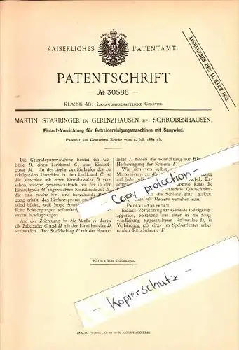 Original Patent - Martin Starringer in Gerenzhausen / Gerolsbach ,1884 , Getreide-Reinigungsmaschine , Schrobenhausen !!