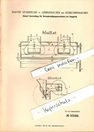 Original Patent - Martin Starringer in Gerenzhausen / Gerolsbach ,1884 , Getreide-Reinigungsmaschine , Schrobenhausen !!