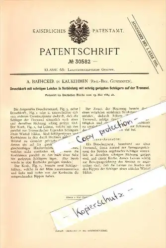 Original Patent - A. Baehcker in Kaukehmen / Jasnoje , 1884 , Dreschkorb , Gumbinnen , Kuckerneese , Russland !!!