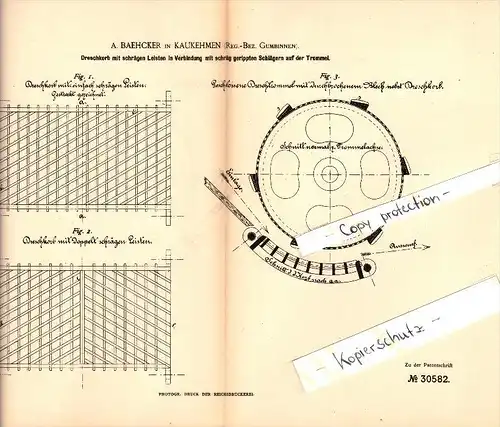 Original Patent - A. Baehcker in Kaukehmen / Jasnoje , 1884 , Dreschkorb , Gumbinnen , Kuckerneese , Russland !!!