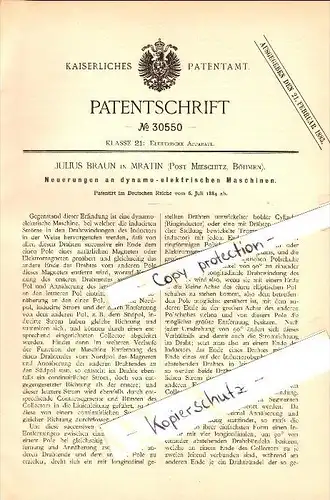 Original Patent - Julius Braun in Mratin b. Mieschitz / Mesice , 1884 , Dynamo-elektrische Maschine !!!