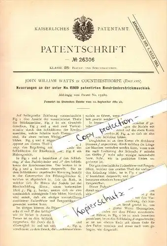 Original Patent - J.W. Watts in Countesthorpe , 1882 , knitting machine , Blaby !!!