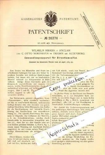 Original Patent - W. Riekes in Anklam und C. Nordmann in Treben b. Altenburg , 1883, Strontium - Umwandlung, Mecklenburg