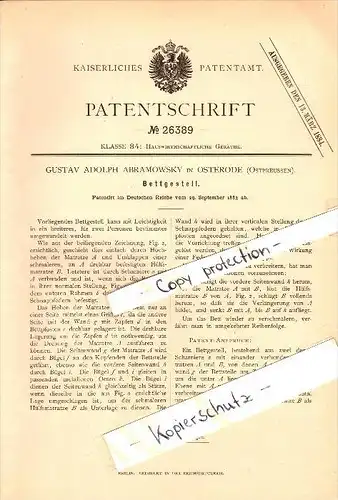 Original Patent - G. Abramowsky in Osterode / Ostróda i. Ostpreussen , 1883 , Bettgestell , Bett !!!
