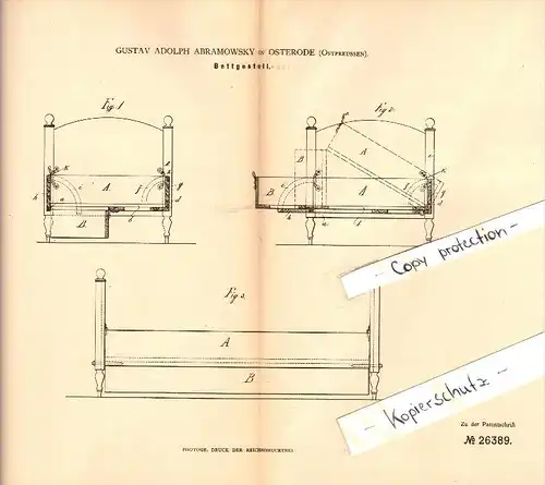 Original Patent - G. Abramowsky in Osterode / Ostróda i. Ostpreussen , 1883 , Bettgestell , Bett !!!